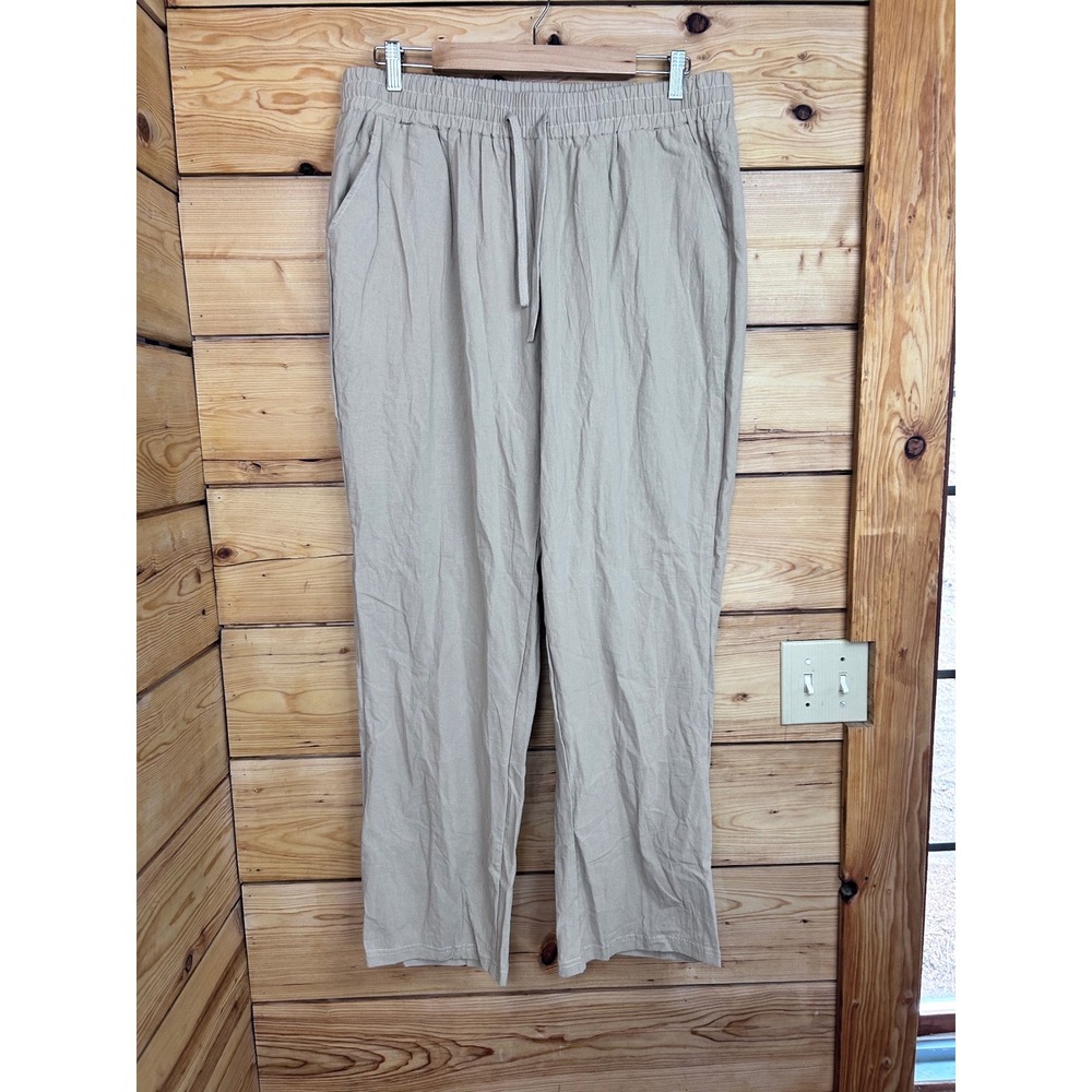 Linen Blend Drawstring Elastic Waist Straight Leg‎ Pants Beige Khaki XXXL